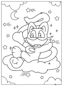 Catnap on cloud with stars and moon Coloring Sheet