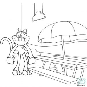 Catnap standing by a picnic table with umbrella Coloring Page