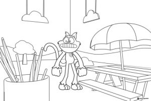 Catnap standing outdoors with picnic table and umbrella Coloring Page