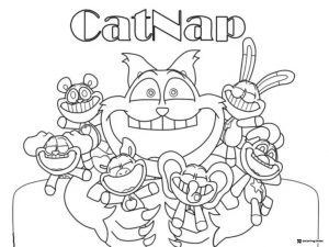 Catnap surrounded by small characters CatNap text Coloring Page
