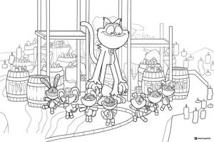 Catnap towering over small characters with barrels Coloring Page