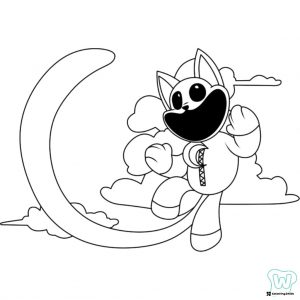 Catnap walking on a crescent moon with clouds Coloring Page