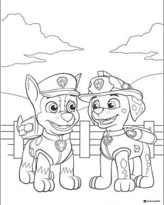 Chase Coloring Page with Hat and Marshall in Firefighter Hat