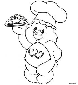 Chef Care Bear Coloring Page holding a plate of hearts