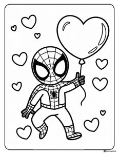 Chibi Spidey Coloring Page holding a heart balloon