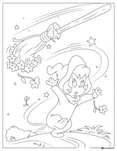 Child Witch Coloring Page with Flying Broomstick and Flowers