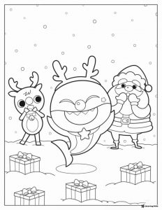 Christmas Baby Shark coloring page with Santa and reindeer