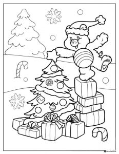 Christmas Care Bear Coloring Page with presents and tree