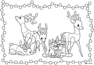 Christmas Deer Scene with Bluey and Bingo Hugging Coloring Page