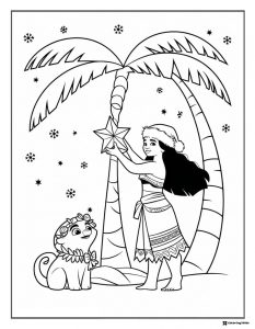 Christmas Moana Coloring Page with Pua and decorated palm tree