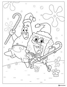 Christmas SpongeBob and Patrick Coloring Page with candy canes