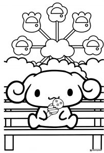 Cinnamoroll Coloring Page Eating Ice Cream at Amusement Park