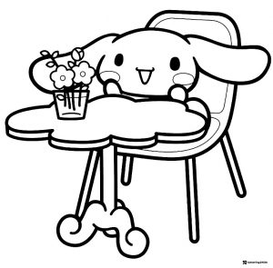 Cinnamoroll Coloring Page at a Cafe Table with Flowers