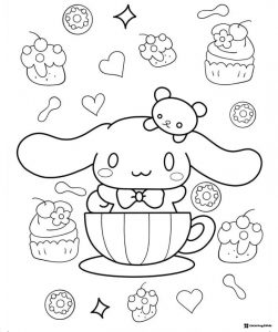 Cinnamoroll Coloring Page in Teacup with Desserts