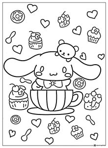 Cinnamoroll Coloring Page in Teacup with Sweets