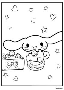 Cinnamoroll Coloring Page with Cake and Stars