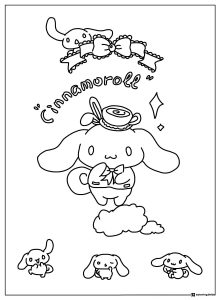 Cinnamoroll Coloring Page with Hat and Small Cinnamorolls