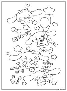 Cinnamoroll Coloring Page with Multiple Poses and Text