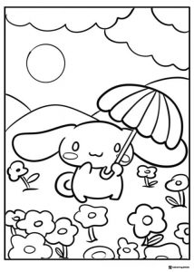Cinnamoroll Coloring Page with Umbrella in a Field