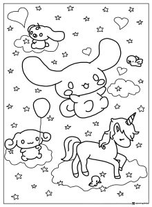 Cinnamoroll Coloring Page with Unicorn Hearts and Stars