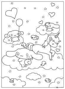 Cinnamoroll Coloring Page with Unicorn and Clouds