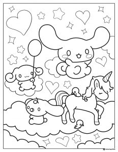 Cinnamoroll Coloring Page with Unicorn and Hearts