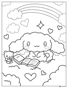 Cinnamoroll Coloring Sheet Reading with Bear and Rainbow
