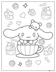Cinnamoroll Coloring Sheet in Teacup with Sweets
