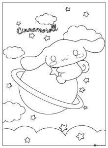 Cinnamoroll Coloring Sheet on Planet with Stars and Clouds