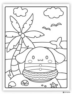 Cinnamoroll Coloring Sheet on a Beach with Palm Tree