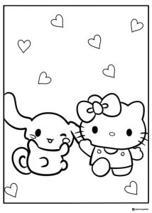 Cinnamoroll and Hello Kitty Coloring Page with Hearts