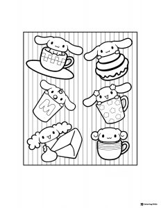 Cinnamoroll in various cups coloring page 1