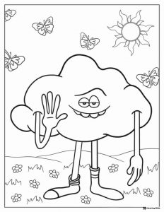 Cloud character with butterflies and sun coloring page