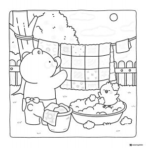 Coco Wyo Coloring Page Bear and chick doing laundry