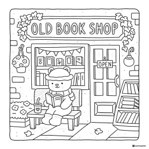 Coco Wyo Coloring Page Bear reading at book shop