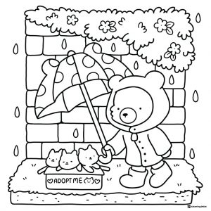 Coco Wyo Coloring Page Bear with kittens under an umbrella