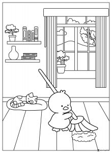 Coco Wyo Coloring Page Bird sweeping floor with cat