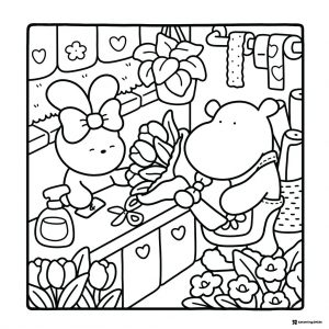 Coco Wyo Coloring Page Bunny and bear arranging flowers