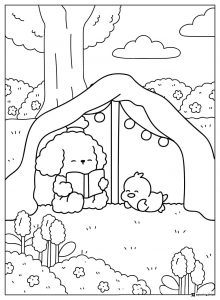 Coco Wyo Coloring Page Dog reading under a tree