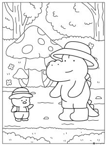 Coco Wyo Coloring Page Dragon and chick with mushrooms