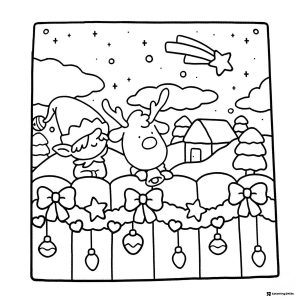 Coco Wyo Coloring Page Elf reindeer and house in winter