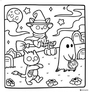 Coco Wyo Coloring Page Halloween scene with cats and ghost