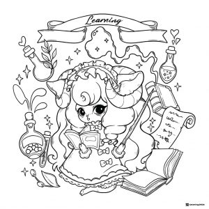 Coco Wyo Coloring Page Learning witch with books and potions
