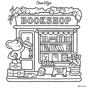 Coco Wyo Coloring Page Mouse at a bookshop
