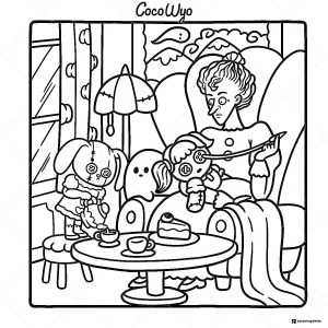 Coco Wyo Coloring Sheet Woman knitting with dolls