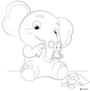 Cocomelon Elephant Coloring Page with mouse and cheese