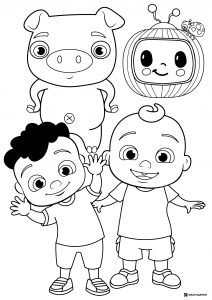 Cocomelon Friends Coloring Sheet with Pig and logo