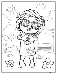 Cocomelon Girl Coloring Page with glasses in a park setting