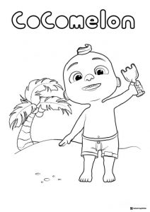Cocomelon JJ at the beach with a palm tree coloring page