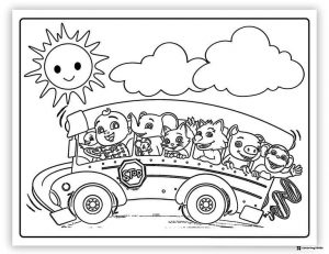 Cocomelon and animal friends on a bus coloring page
